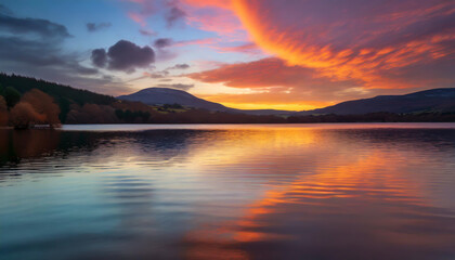 Fototapeta premium Serene sunset over a tranquil lake with vibrant skies and reflections in the water during early evening