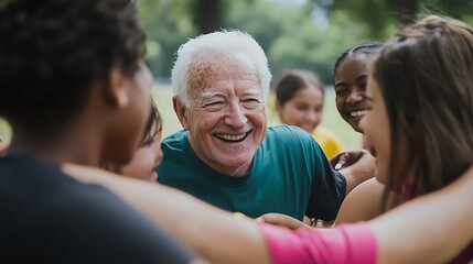 An man with white hair smiles warmly at the camera, surrounded by a diverse group of friends of various ages hugging and laughing in a park. 