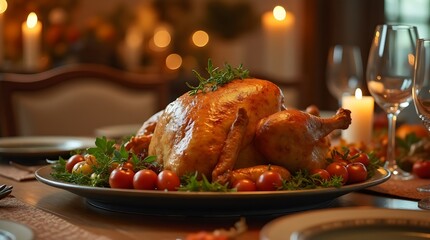 Fototapeta premium Thanksgiving day dinner with holiday autumn decor and candles. Family dining room table set with delicious golden roasted turkey on platter garnished