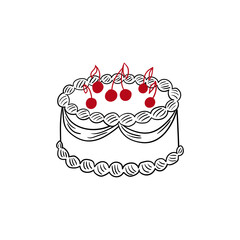 Cake with red cherries. Vector illustration in sketch style. Holiday birthday, wedding, valentines day clipart
