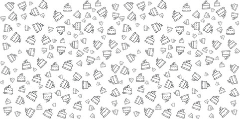 Seamless Outline Cake Pattern on White Background, Cute Dessert Icons for Packaging and Fabric Design