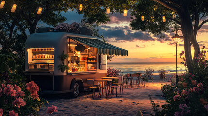Obraz premium Cozy food truck by the ocean at sunset with palm trees and tables set up for dining near a tropical beach