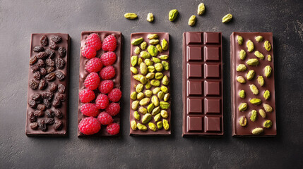 Belgian chocolate bars with different fillings: raspberry, pistachio, raisins, nuts, berries, stylish food photo, dessert, candy, confectionery, dessert close-up, delicious sweet food, table, cocoa