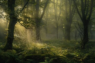Obraz premium A forest with a spider web in the middle, generative ai image