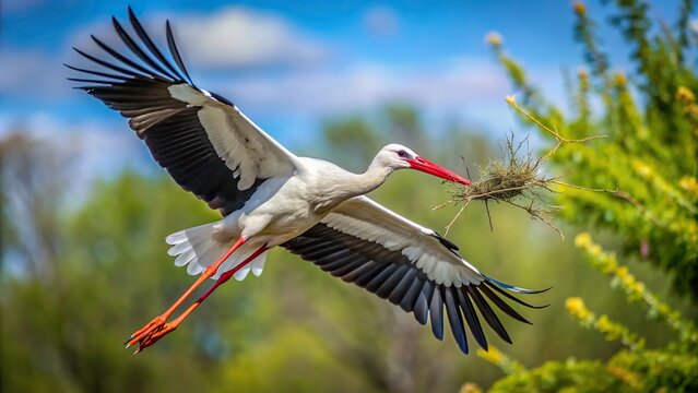 aerial view, feathers, elegant, symbolism, long legs, A stock photo featuring a graceful white stork in flight holding a twig in its beak for nest building captured from a bird s eye view