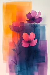 A painting of three pink flowers with purple stems and leaves. The flowers are in a blue and orange background