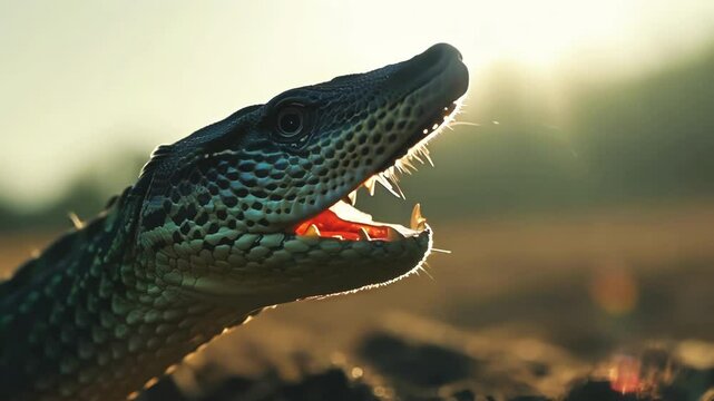 Close-up of a snake with sharp scales and piercing eyes, ready to strike. A tense moment in nature, showcasing the predator's agility and fearsome presence.