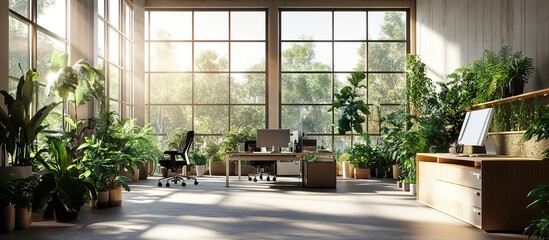 Bright modern office space featuring large windows and a variety of lush indoor plants, creating a natural and serene workspace.