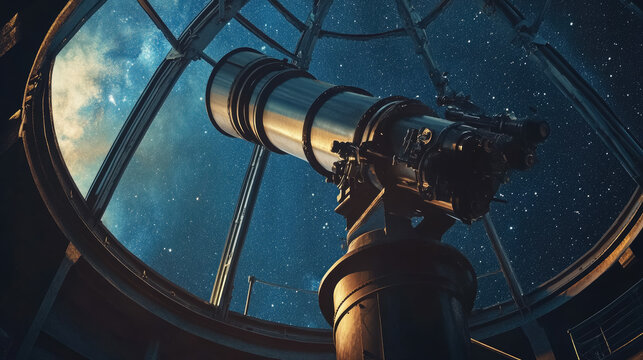 Close-up of astronomical observatory telescope against starry night sky, copyspace, stars, constellations, space, universe, planets, science, learning, research, discovery, celestial bodies, blue