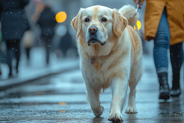 A visually impaired person using a guide dog to navigate a busy street, highlighting independence. Concept of assistance.