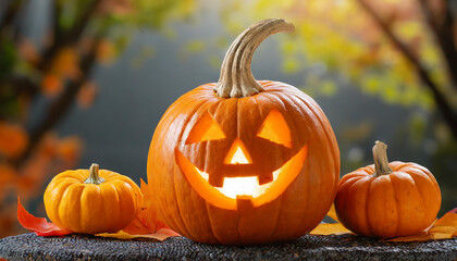 A carved Halloween pumpkin displays a joyful expression among colorful autumn leaves and smaller pumpkins in a festive outdoor setting