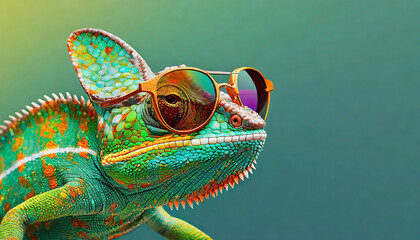 A colorful chameleon wearing sunglasses poses against a vibrant background on a sunny day