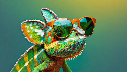 A vibrant chameleon wearing stylish sunglasses poses against a colorful backdrop in a playful display of nature's charm