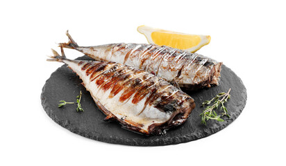 Delicious grilled mackerel, thyme and lemon isolated on white