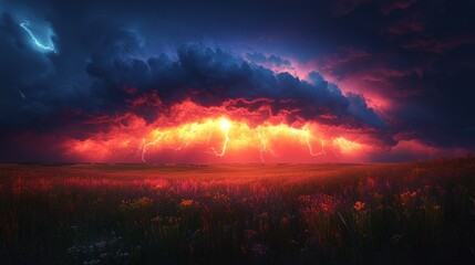 Fototapeta premium A dramatic thunderstorm with lightning strikes illuminates a field of wildflowers at sunset.