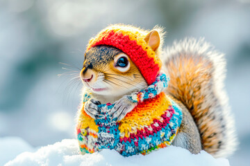 Obraz premium Squirrel wearing a colorful knitted hat and scarf in a snowy winter scene