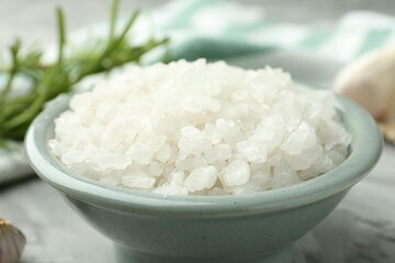 Sea salt in bowl on gray table, closeup