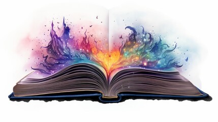 Image of open antique book with fantasy glitter effect overlay isolated on white. Neural network ai generated art