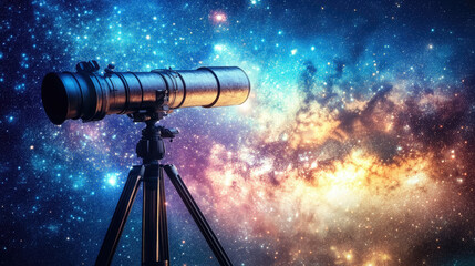 Close-up of astronomical observatory telescope against starry night sky, copyspace, stars, constellations, space, universe, planets, science, learning, research, discovery, celestial bodies, blue