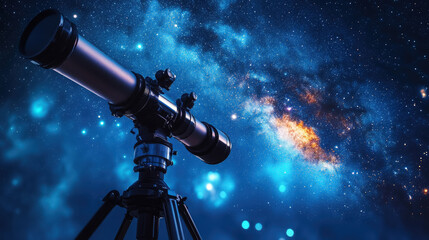 Close-up of astronomical observatory telescope against starry night sky, copyspace, stars, constellations, space, universe, planets, science, learning, research, discovery, celestial bodies, blue
