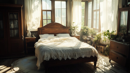Rustic bedroom with antique wooden bed and vintage lace bedding in a cozy, traditional space