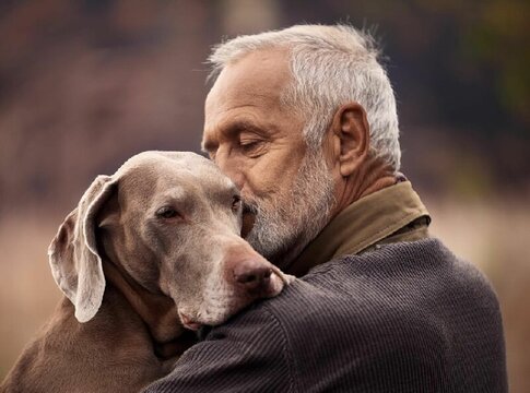Hombre anciano abrazando a su querido perro Weimaraner 