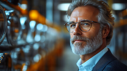 A thoughtful man with glasses in a modern workspace looking confidently towards the camera during a productive day