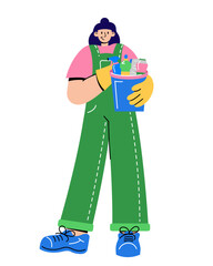Cleaning service concept. Girl cleaning lady with cleaning product.  Vector illustration