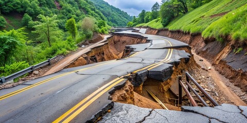 Collapse of an asphalt road due to heavy rain caused by a foothill landslide, landslide, infrastructure, road construction, foothill, transportation, damage, emergency, asphalt, roadblock