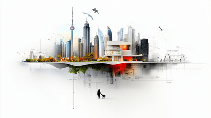 Fototapeta premium minimalist smart city plan sketch showcasing eco friendly architecture and urban design. image features blend of modern skyscrapers, greenery, and innovative structures, reflecting sustainable