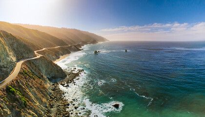 Aerial View of the Coastal Road Winding Along Cliffs