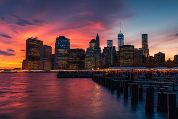 Obraz premium Breathtaking sunset over a vibrant city skyline. The water reflects stunning colors of pink and blue. A perfect moment for relaxation and inspiration. Generative AI