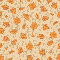 Delicate Orange California Poppy Blooms Seamless Vector Repeat Pattern