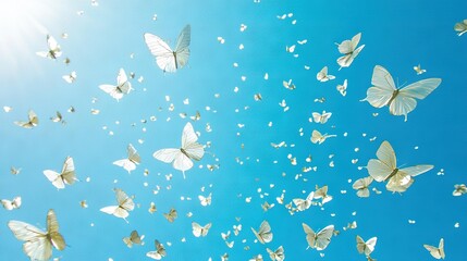 Obraz premium A group of white butterflies flying in the air against a bright blue sky, with white bubbles in the foreground
