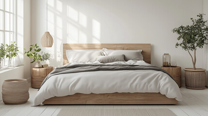 Scandinavian bedroom with white walls, light wood accents, and minimalist furniture in a cozy space