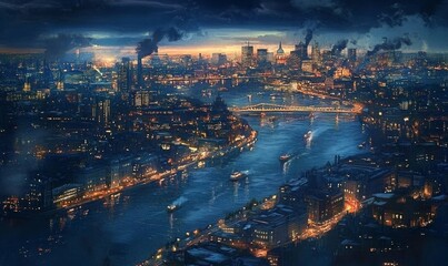 Aerial view of urban skyline with charles river and city lights