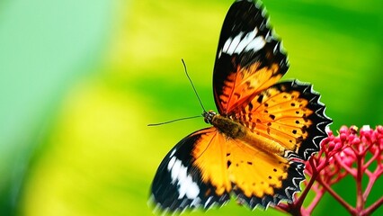 A butterfly perched on a yellow flower Butterfly Yellow wings with a pattern of black spots and black lines Flowers Yellow flowers with bright orange stamens Background 