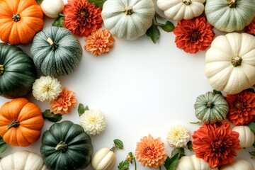Autumn composition with pumpkins and flowers on white background. Flat lay, top view, copy space