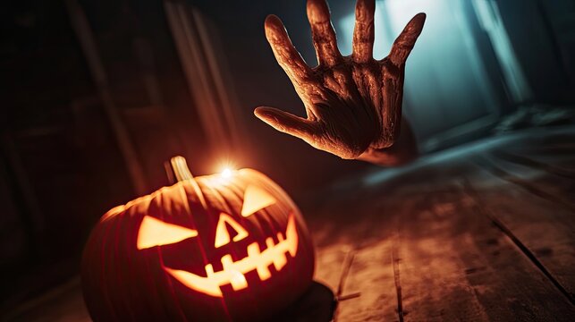 Disembodied Hand Hovering Above Halloween Pumpkin