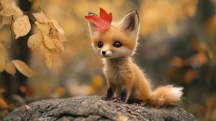   A small fox adorned with a vibrant red leaf perched atop a rock amidst a lush green backdrop