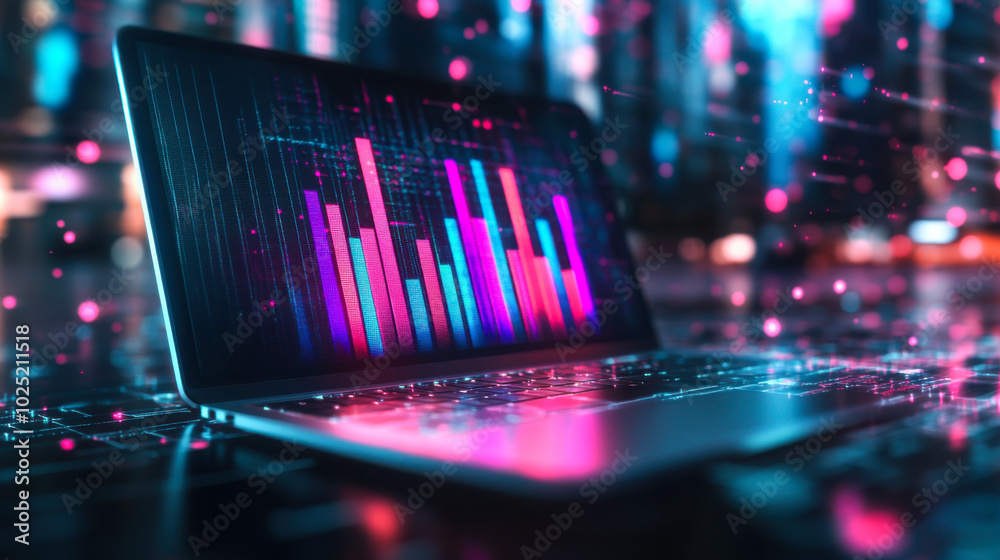 Poster colorful digital data visualization displayed on a laptop with vibrant graphics in a tech-inspired e