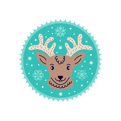 Winter reindeer in doodle style. Postage stamp on white background.