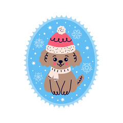 Winter dog in doodle style. Postage stamp on white background.
