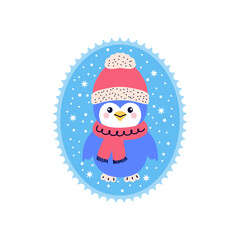 Winter penguin in doodle style. Postage stamp on white background.