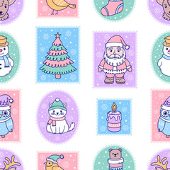 A seamless pattern featuring  postage stamps, each adorned with  characters celebrating Christmas and the New Year.