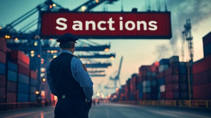 Fototapeta premium Security Guard at a Container Port with Sanctions Sign.
