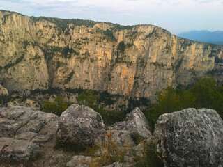 Nature in the mountains. Vikos Gorge from the viewpoint of Oxi in the national park in Vikos-Aoos in Zagori, northern Greece. Natural landscape