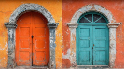  A pair of orange and blue doors stand in front of a yellow-orange building, framing two arched doorways on either side