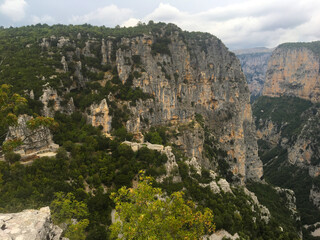 Nature in the mountains. Vikos Gorge from the viewpoint of Oxi in the national park in Vikos-Aoos in Zagori, northern Greece. Natural landscape