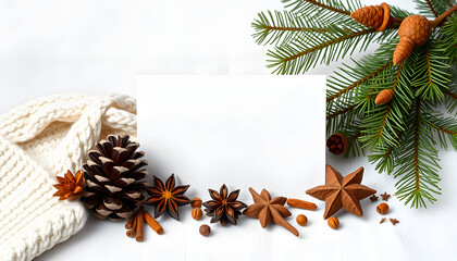Blank card near pine cones, spices, white knitted sweater and fir twigs.  Christmas mockup isolated with white highlights, png